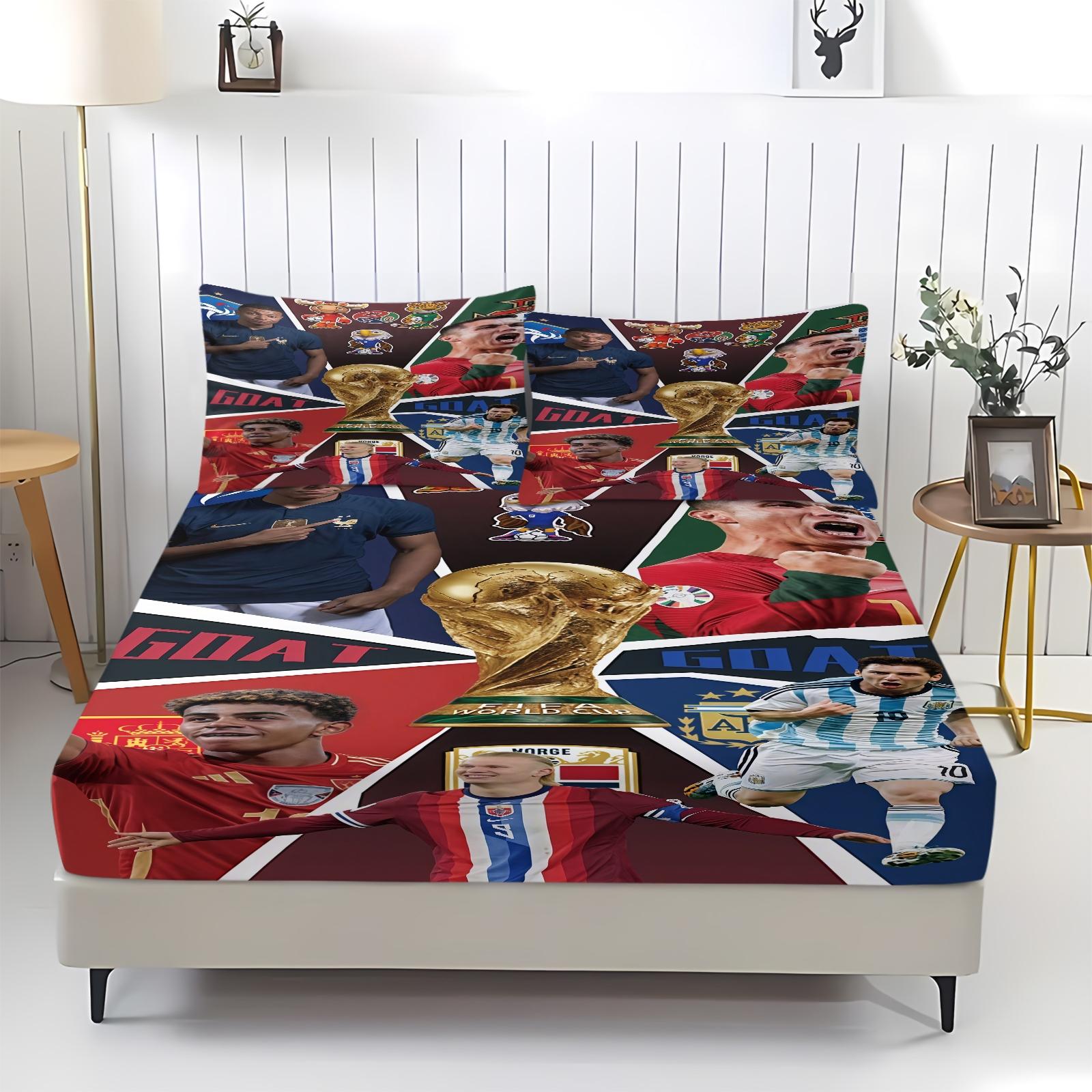 3-Piece World Cup Pattern Fitted Sheet Set, Soft And Durable Bedding Set, Including 1 Piece Flat Sheet And 2 Pieces Pillowcases, Daily Holiday Birthday Gift Bedroom Decorations For Kids And Adults