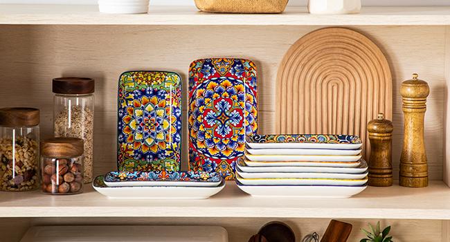 vancasso Simi Serving Platters & Plates Set – 3 Piece Rectangular Trays or 6 Piece Dinner Plates, Bohemian Ceramic Dish Set for Entertaining, Microwave & Dishwasher Safe Porcelain Dinnerware