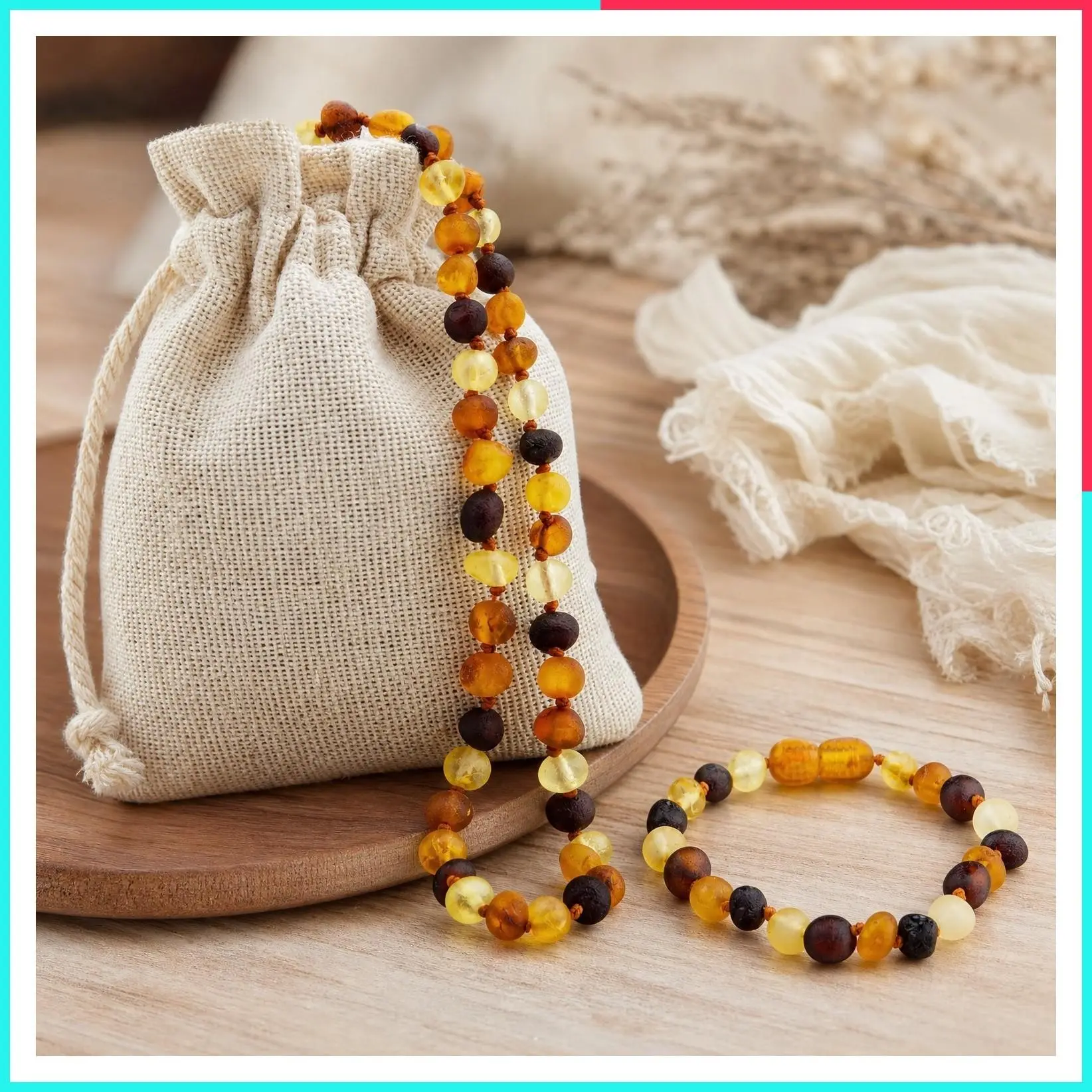 Unisex Raw Baltic Amber Necklace & Bracelet Gift Set, Multi-Color Natural Gemstone Jewelry, 12.5" Necklace, 5.5" Bracelet