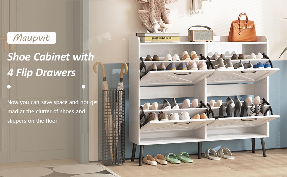 Vabches Large Shoe Cabinet with 4 Flip Drawers, Freestanding Shoe Organizer with Metal Drawer Bracket for Entryway