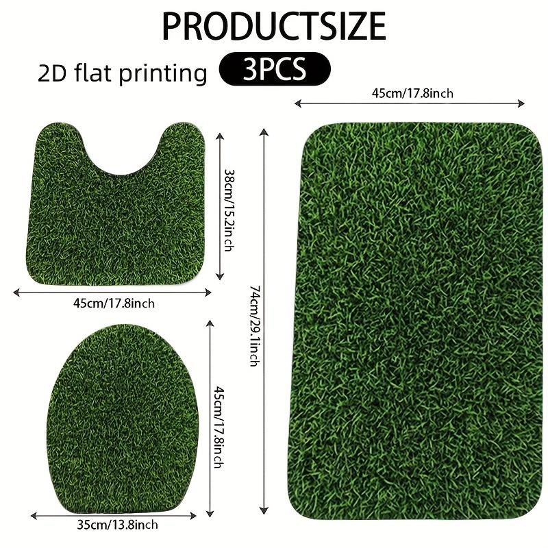 2D Flat, 2D Flat, 2D Flat Printing, 3pcs Lawn Grass Pattern Bathroom Mat And Carpet Set, Toilet Lid Mat, Toilet U-Shaped Pad, Fleece Material, Soft Surface