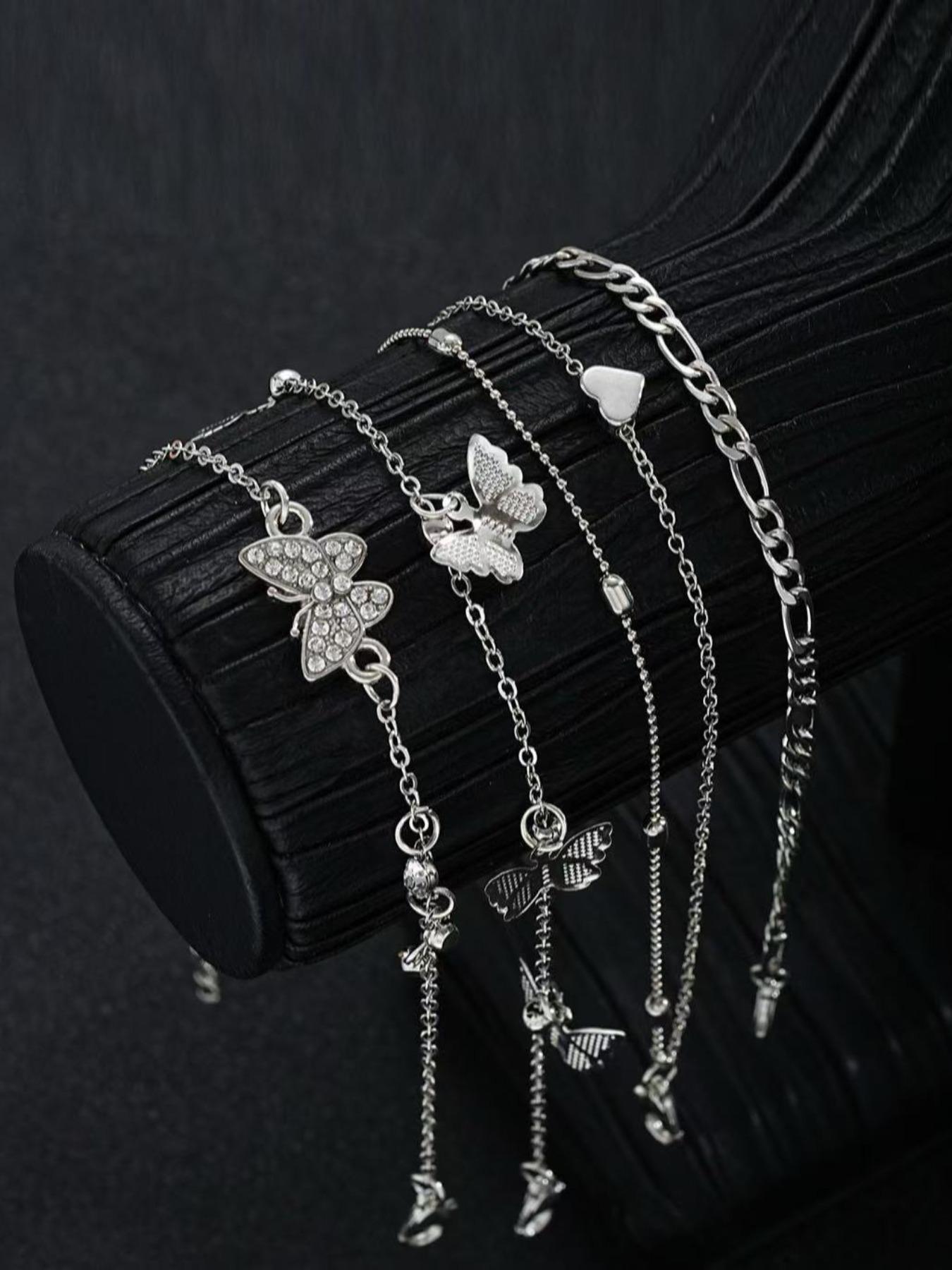 Set of 4 Boho Anklets for Women, Wearable Jewelry, Jewelry, Jewelry Accessories, Multi-Layer Beaded Anklet Set with Butterfly & Heart Designs, Embellished with Synthetic Diamonds, For Summer Holidays, Beach Parties & Bikini Outfits, Foot Jewelry