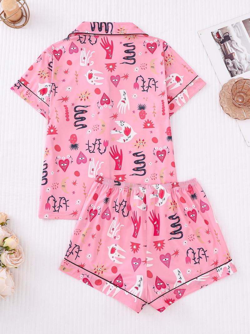 Two-piece Set Women's All Over Print Shirt & Elastic Waist Shorts Pajama, Casual Comfy Top & Shorts Pj Set, Ladies Sleepwear for All Seasons, Loungewear Set Women