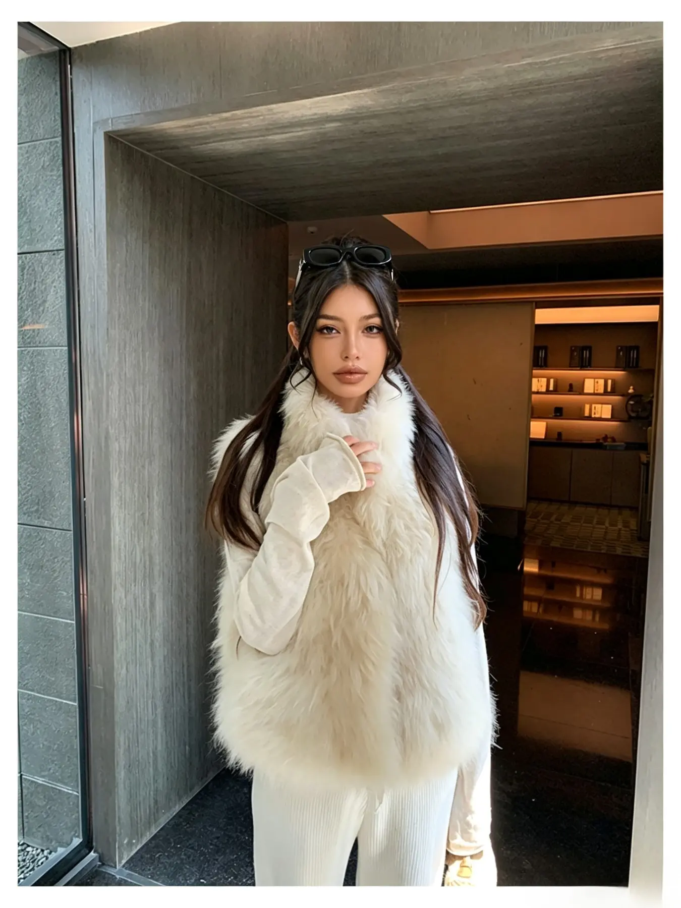 Cream High Neck Faux fox furLook Vest for Women, Sleeveless Plush Long Hair Short Coat, Soft Rich Girl Autumn Winter Layering Jacket