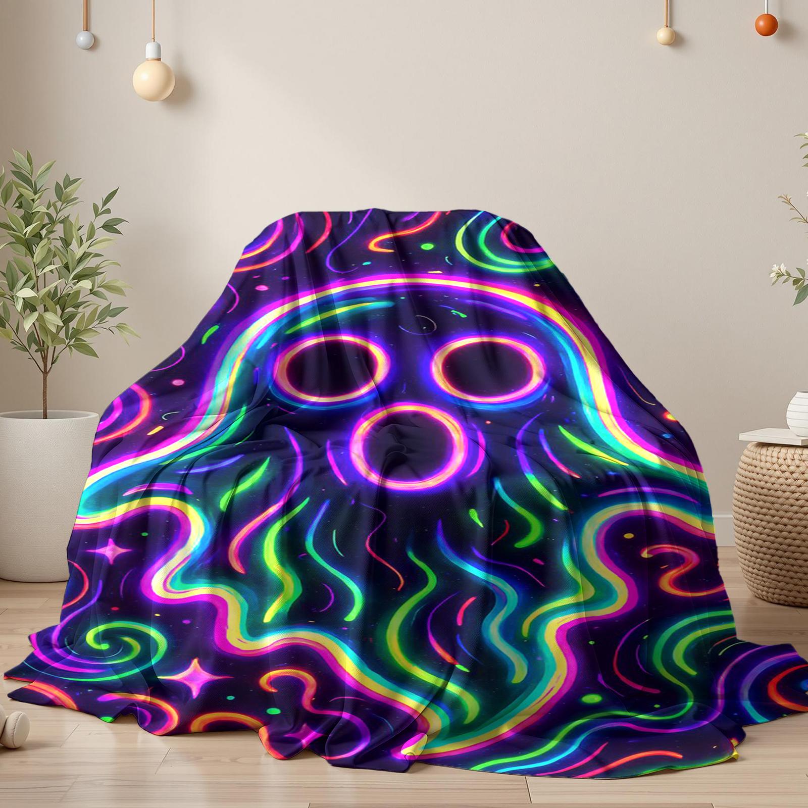 Neon Trippy Rainbow Ghost Throw Blanket, Blacklight UV Reactive Psychedelic Swirl Spooky Spirit Flannel Blanket, Indie Weirdcore Glowing Cartoon Halloween Decorative Sofa Cover, Soft Cozy Plush Blanket for Teen Boys Girls EDM Bedroom