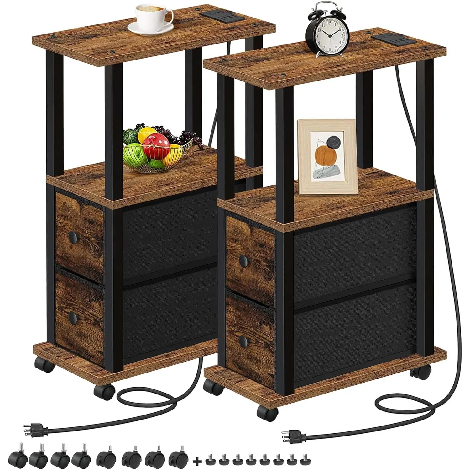 Small Narrow End Tables, Side Tables with 2 Fabric Drawers, Set of 2, Bedside Tables with  Station for Small Spaces, Slim Nightstands with USB Ports and Wheels, TB01BB053C