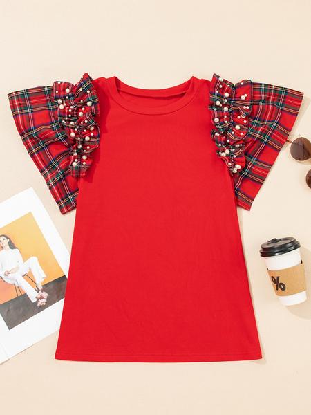 Plaid Pearl Ruffle Short Sleeve Loose T-Shirt, Casual Summer Top, Women's Fashion Tee, Comfortable and Stylish, Perfect for Daily Wear