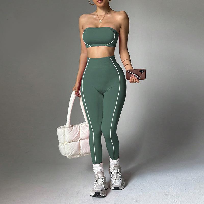 New yoga outfit for women, color-blocked bustier top, peach butt slim-fit long pants, fitness sportswear