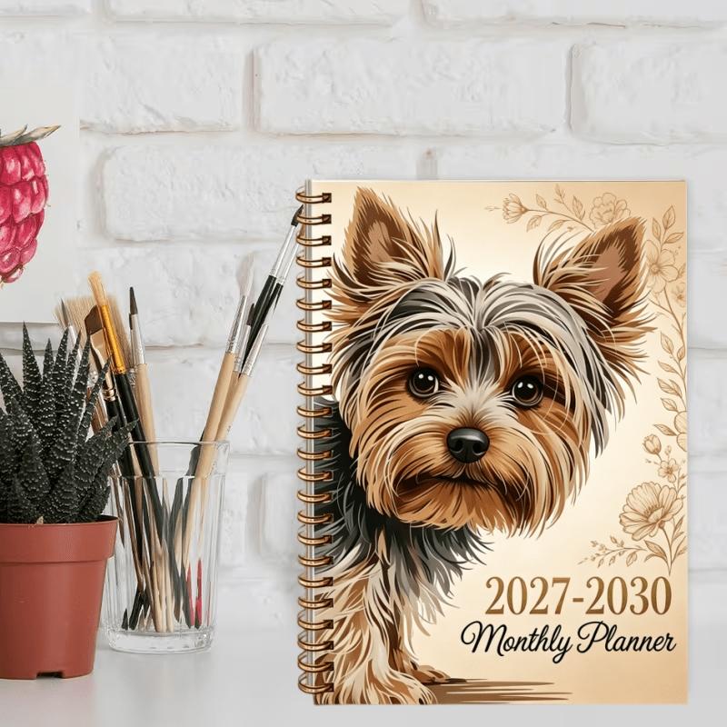 2027-2030 Monthly Custom Calendar - January 2027 to December 2030, four-year monthly custom, fun brown dog and floral themed cover notebook, annual calendar customization, month tabs, 48-month calendar, 13.97 x 21.08 cm thick paper