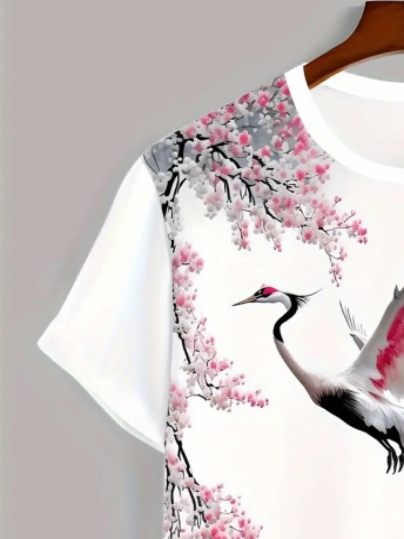 Men's Crane Cherry Blossom Print T-Shirt, Japanese Style Floral Bird Streetwear Round Neck Short Sleeve Top, Sporty Loose Fit