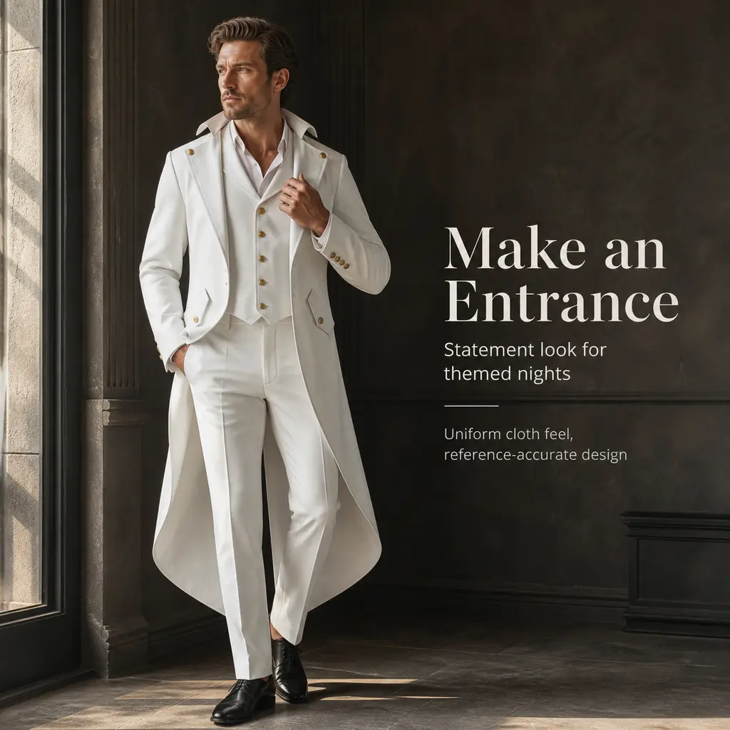 Men's White Victorian Tailcoat - Gothic Steampunk Lapel Long Frock Coat, Medieval Gentleman Gold-Button Cosplay Outerwear