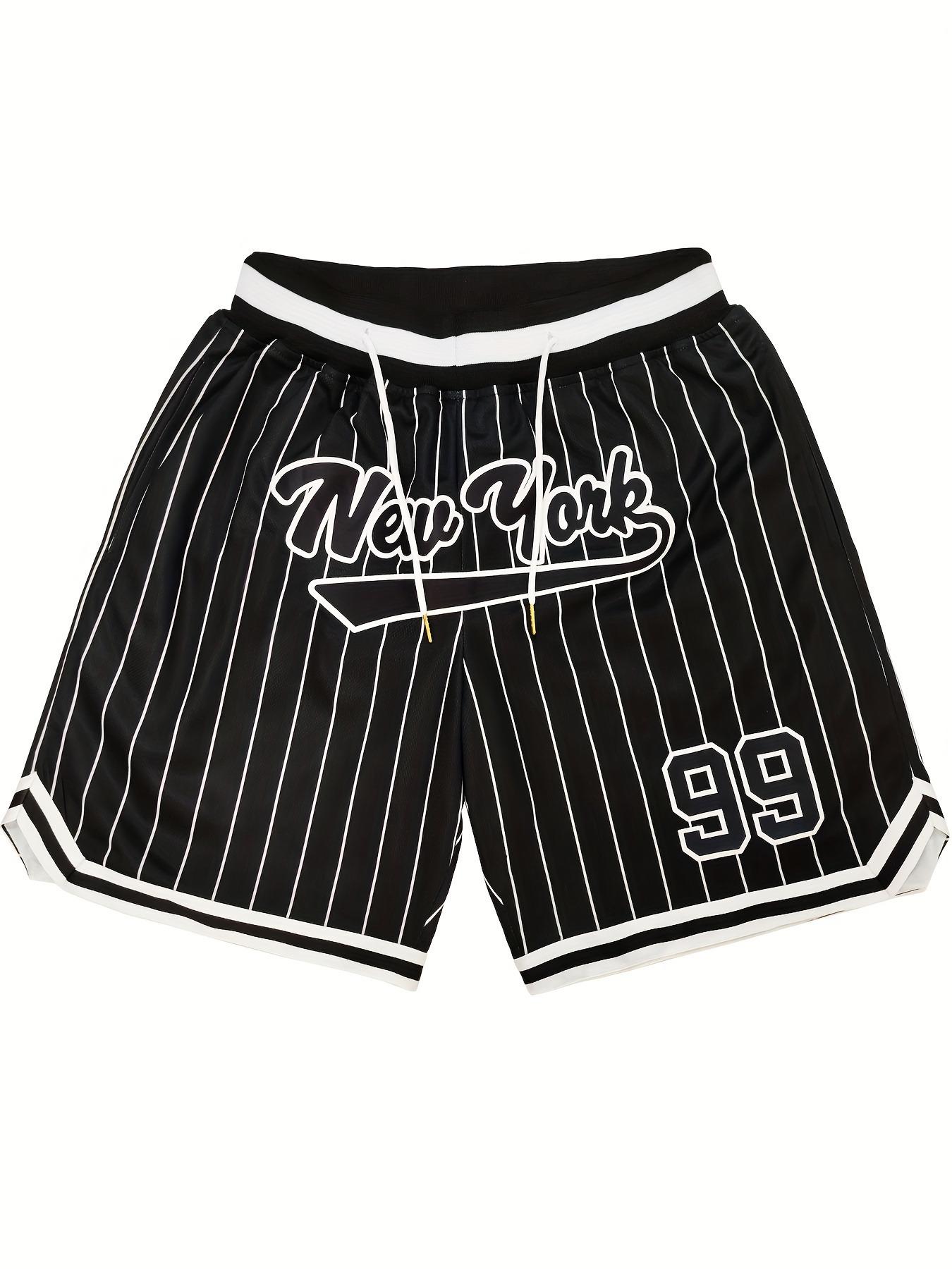 Men's Number Embroidery Pocket Elastic Waist Sports Shorts, Casual Breathable Comfortable Shorts for Outdoor Basketball Game Training Running, Men's Sportswear for All Seasons, Athletic Shorts, Stripes Print Shorts