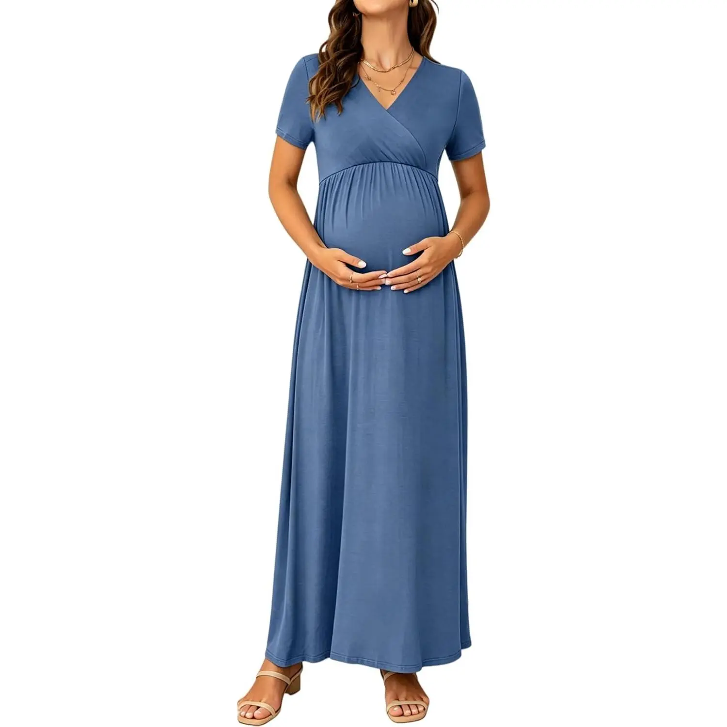 Maternity Maxi Dress Short Sleeve Wrap V Neck Baby Shower | All Trimesters & Postpartum, Nursing Friendly, Soft Stretchy Knit, Empire Waist Flowy Fit, Summer Photoshoot Wedding Guest