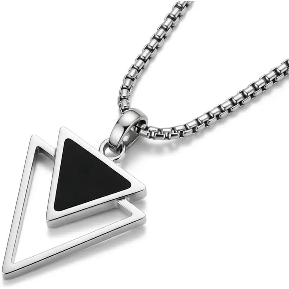 Premium Men's Stainless Steel Silver Chain Necklace with Triangle, Cross, Black Enamel & Compass Pendants - Non-Tarnish, Stylish Jewelry - Gift for Him 24"Gift