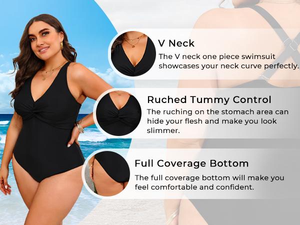 Aqua Eve Women Plus Size One Piece Swimsuits V Neck Tummy Control Bathing Suits Front Cross Swimwear