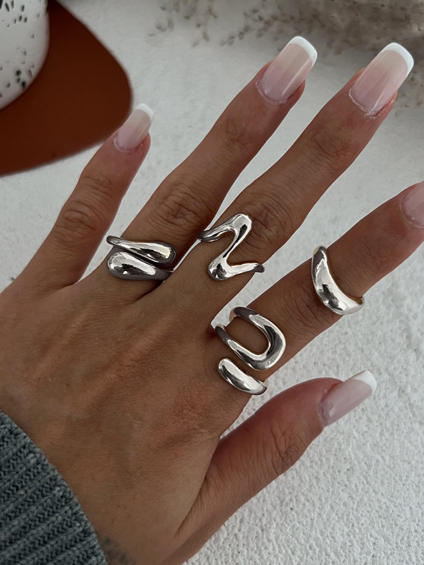 Women's Hip-Hop Style Geometric Joint Ring Set, Solid Zinc Alloy, Sexy Design, Four-Piece Jewelry Kit, All-Season Accessory