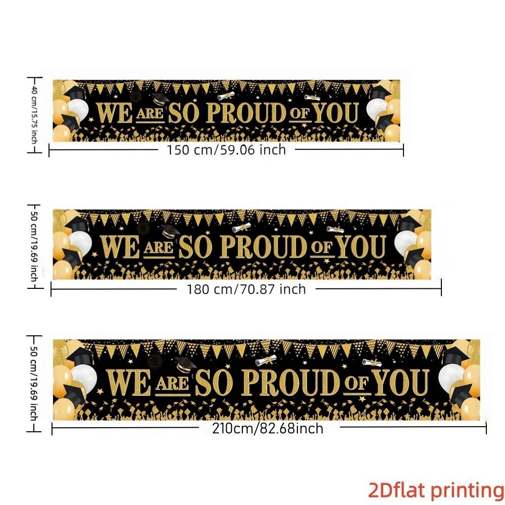 2D flat banner, 1 black gold graduation season banner We Are So Proud Of You Graduation party decoration background cloth European and American graduation ceremony courtyard layout Bachelor's hat balloon photo background wall Graduation Banner