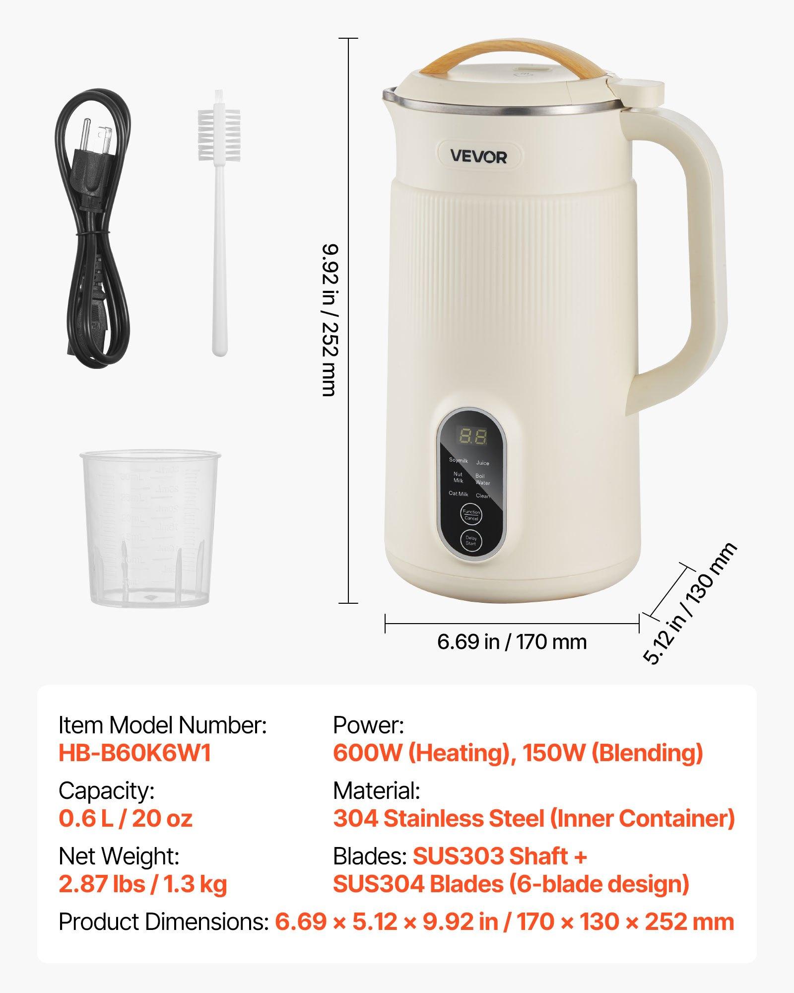 【Summerfinds】VEVOR 6-in-1 Nut Milk Maker, 20 oz Soy Milk Maker Machine with 6 Blades, for Homemade Oat, Nut, Soy, Juice, Plant-Based and Non Dairy Beverages with High-Temp Self-Cleaning, Boil Water, 12-Hour Delay