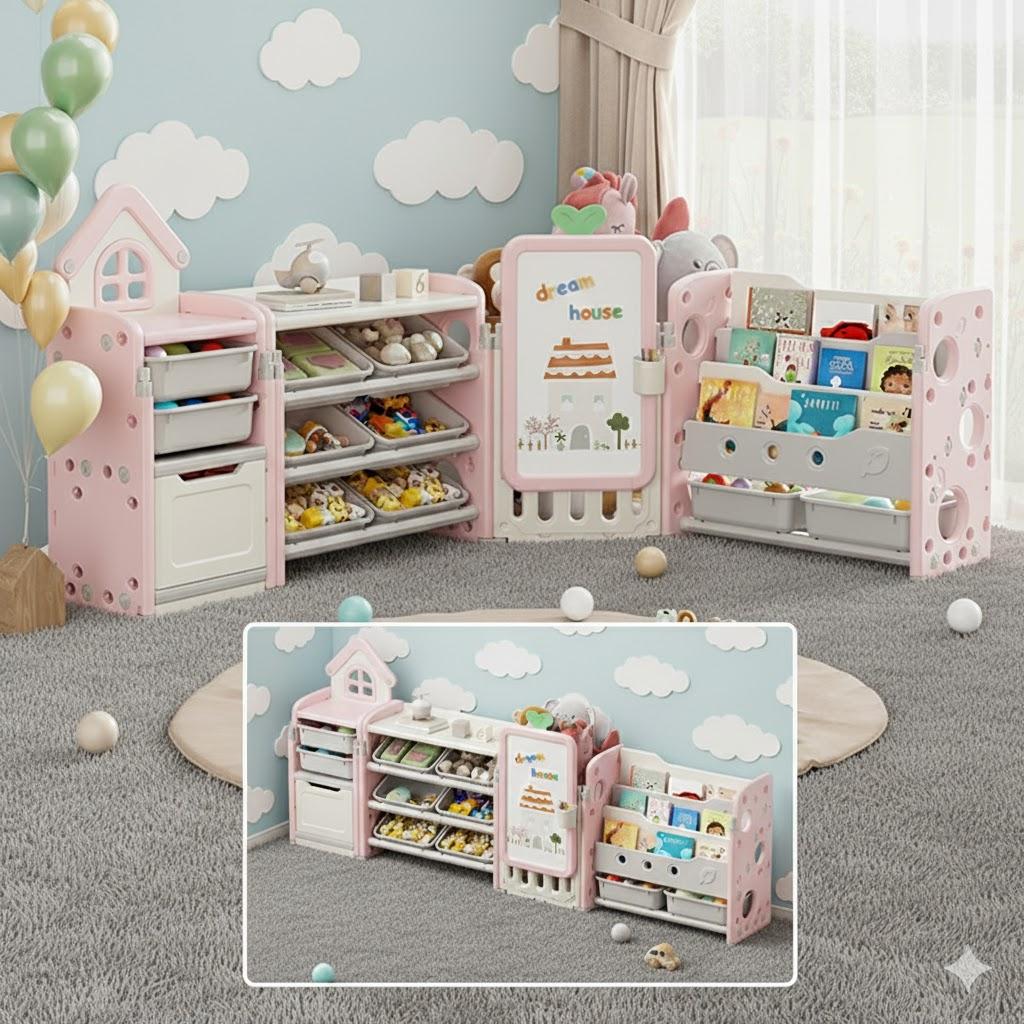 Foldable Kids Toy Storage Organizer with 10 Removable Bins and 3-Tier Bookshelf, 4 in 1 Multifunctional Large Toy Organizer with Drawing Board for Kid Bedroom Playroom Living Room, Light Pink