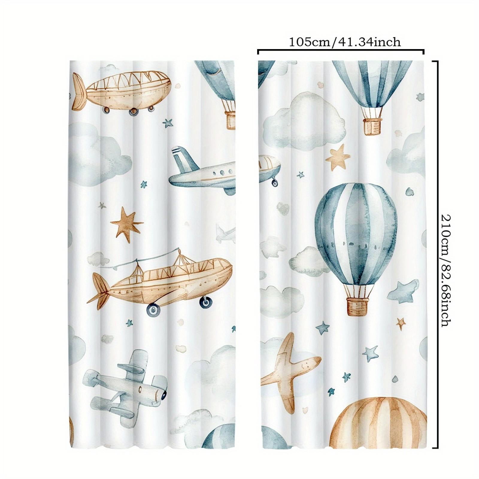 2pcs Cute Animal Curtains with Rainbow Hot Air Balloon & Airplane Design - 100% Polyester Semi-Translucent Rod Pocket Curtains for Bedroom & Living Room, Machine Washable Whimsical Decor, Living Room Curtains, Vintage Airplane Motif, Durable Fabric