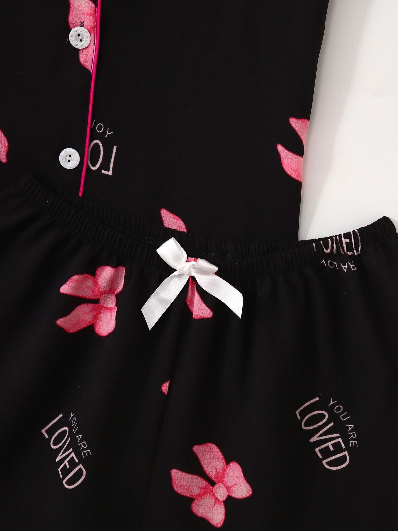 Women's Short Sleeve Button Down Top and Shorts Pajama Set, Spring Summer Wear, For Korean Aesthetic Bloggers, Black Base Pink Bow & LOVED Letter Print, Classic Lapel Collar, Loose H Fit, Comfortable For Home & Daily Wear