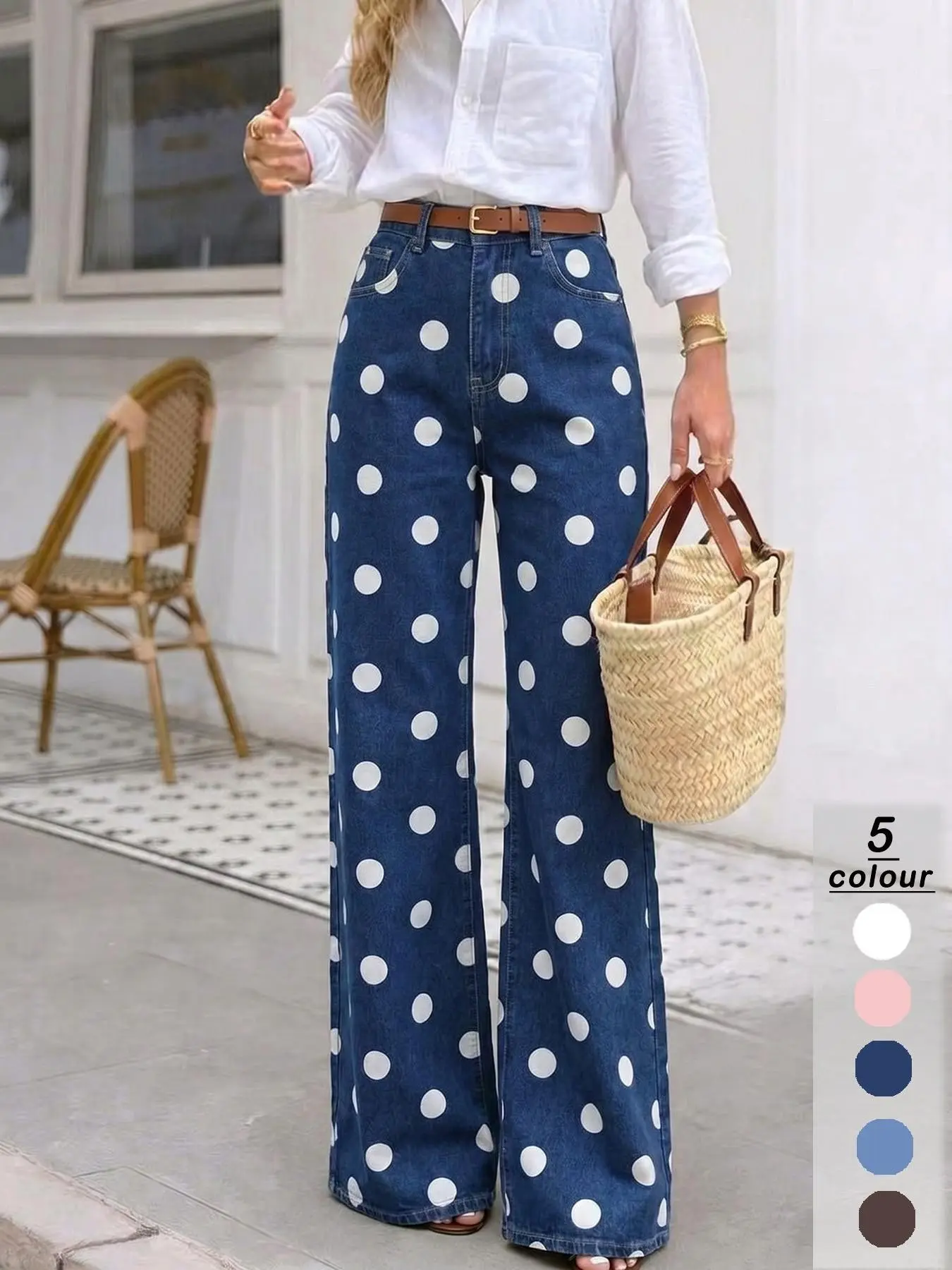 Women's Stretch Polka Dot Jeans, Wide Leg Pants, Casual Fitted Style, All Seasons Wear, Plain Pattern, Comfortable & Stylish