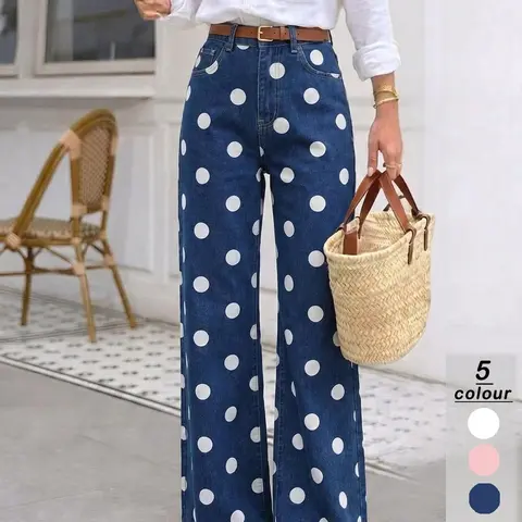 Women's Stretch Polka Dot Jeans, Premium Stretchy Jeans, Wide Leg Pants, Casual Fitted Style, All Seasons Wear, Plain Pattern, Comfortable & Stylish