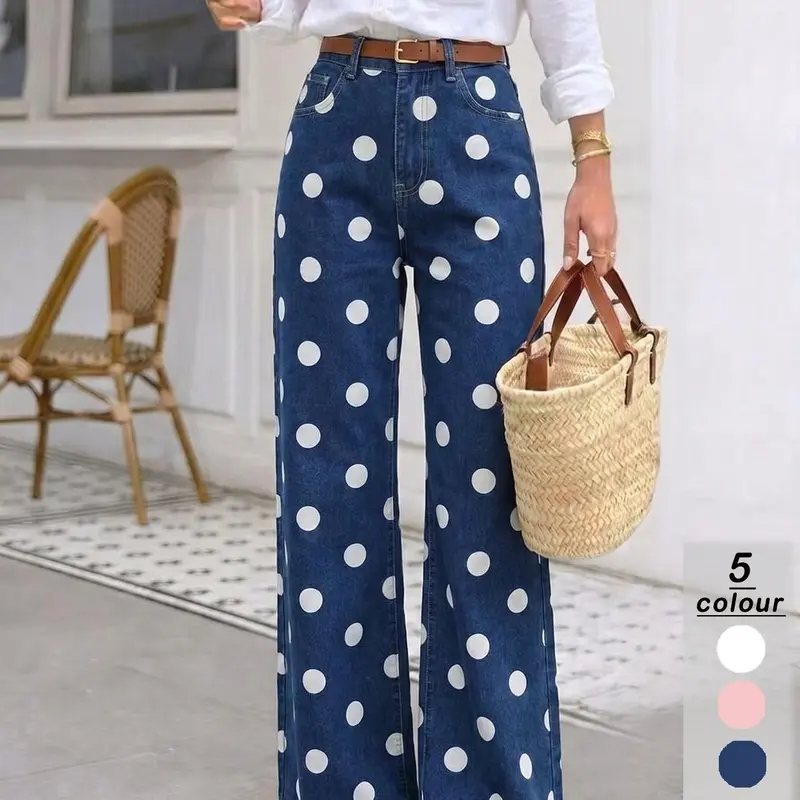 Women's Stretch Polka Dot Jeans, Premium Stretchy Jeans, Wide Leg Pants, Casual Fitted Style, All Seasons Wear, Plain Pattern, Comfortable & Stylish