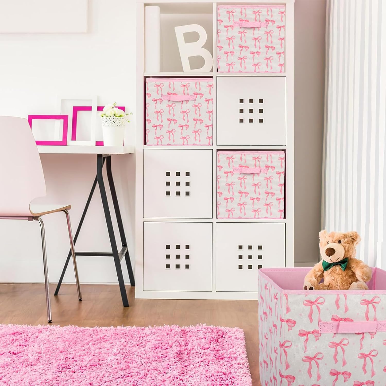 6 count  Bow Cube Storage Bins 12.5 Inch  Storage Basket with Handle, Preppy Girls Organizer Basket, Collapsible Fabric Box for Classroom Bedrooms Office  Decoration (Bow)