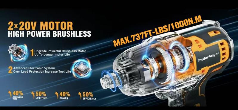 ToolerAngel 1/2-Inch Cordless Impact Wrench, 1000 Nm (737 ft-lbs) High-Torque Wrench, 20V 2000 RPM Brushless Motor, 2x 6.0Ah Lithium-Ion Batteries, Charger & 6 Sockets, Brushless Power Wrench
