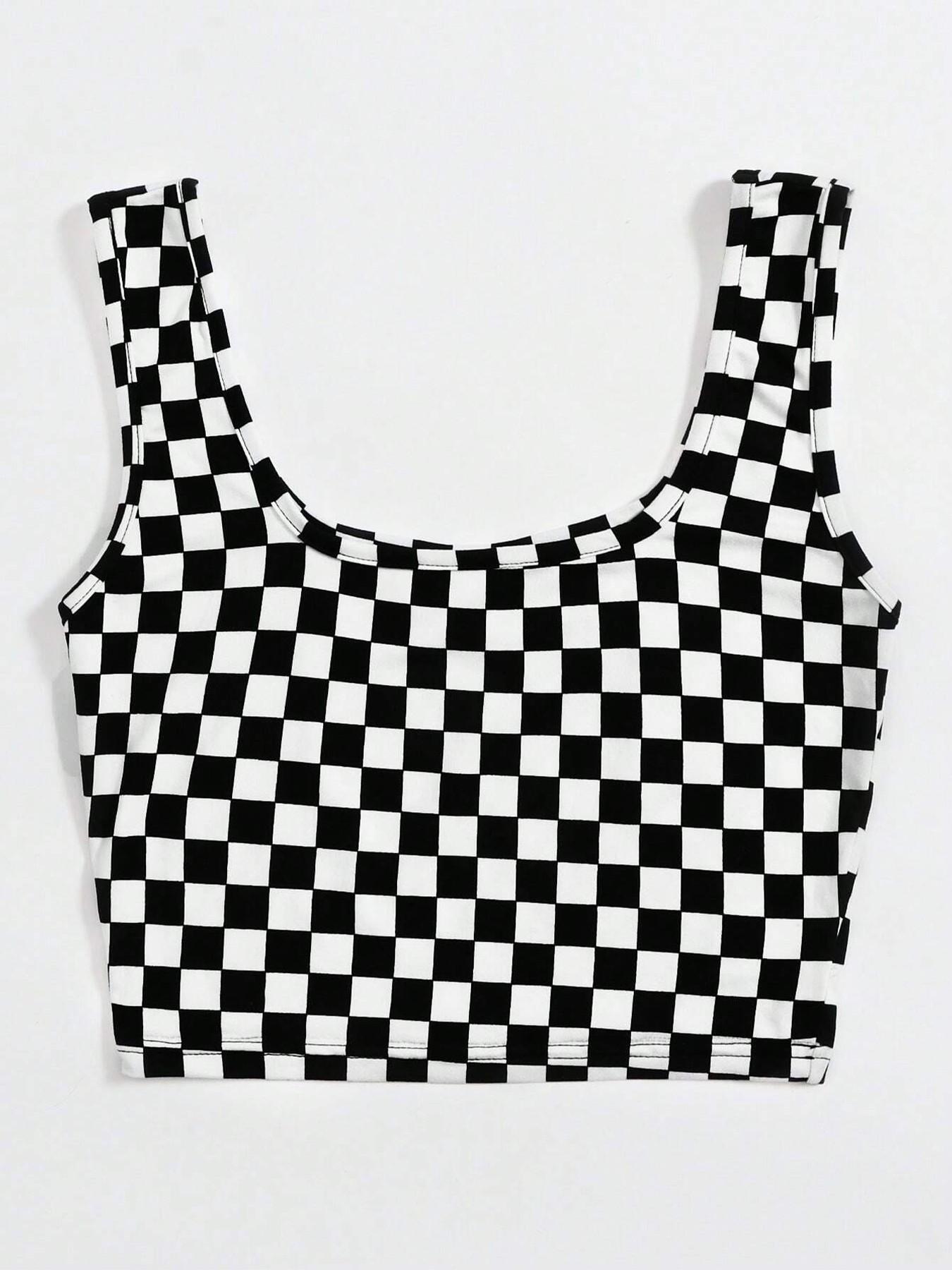 This is a One-Piece Women's Black and White Checkered Cropped Vest. It's a Casual Sleeveless Square-Neck Top, Suitable for Street Style, Everyday Wear, Parties, and Casual Outings.