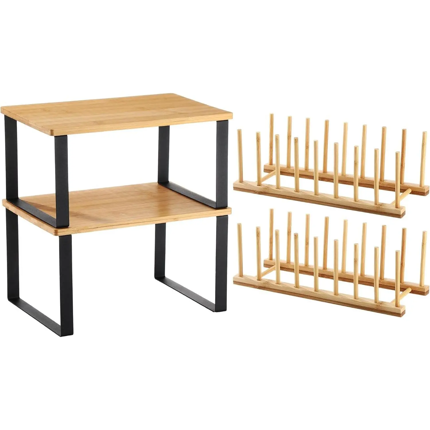 4 Pcs Kitchen Organizer Accessories Set Cabinet Organizer Shelf and Bamboo Dish Drying Plate Rack Counter Shelves Storage Holder for Spice Rack, Dish, Pot Lid, Bowl, Cup(Light Color)
