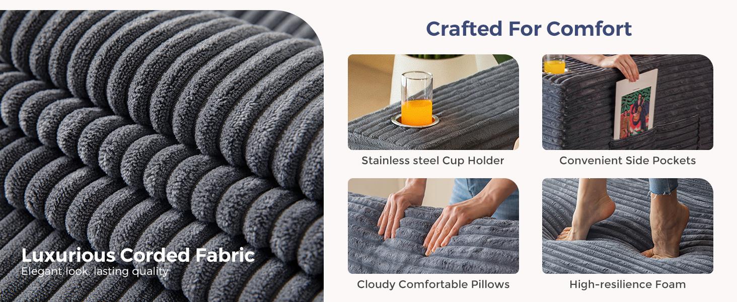 [3 Packs Shipped] MAXYOYO 131.6" Large U-Shaped Sectional Sofa,  Modern Boneless Couch for Living Room, Sofa in A Box, Oversized Sofa Sleeper with Deep Seat, Convertible Corduroy Sectional Sofa, No Assembly Required