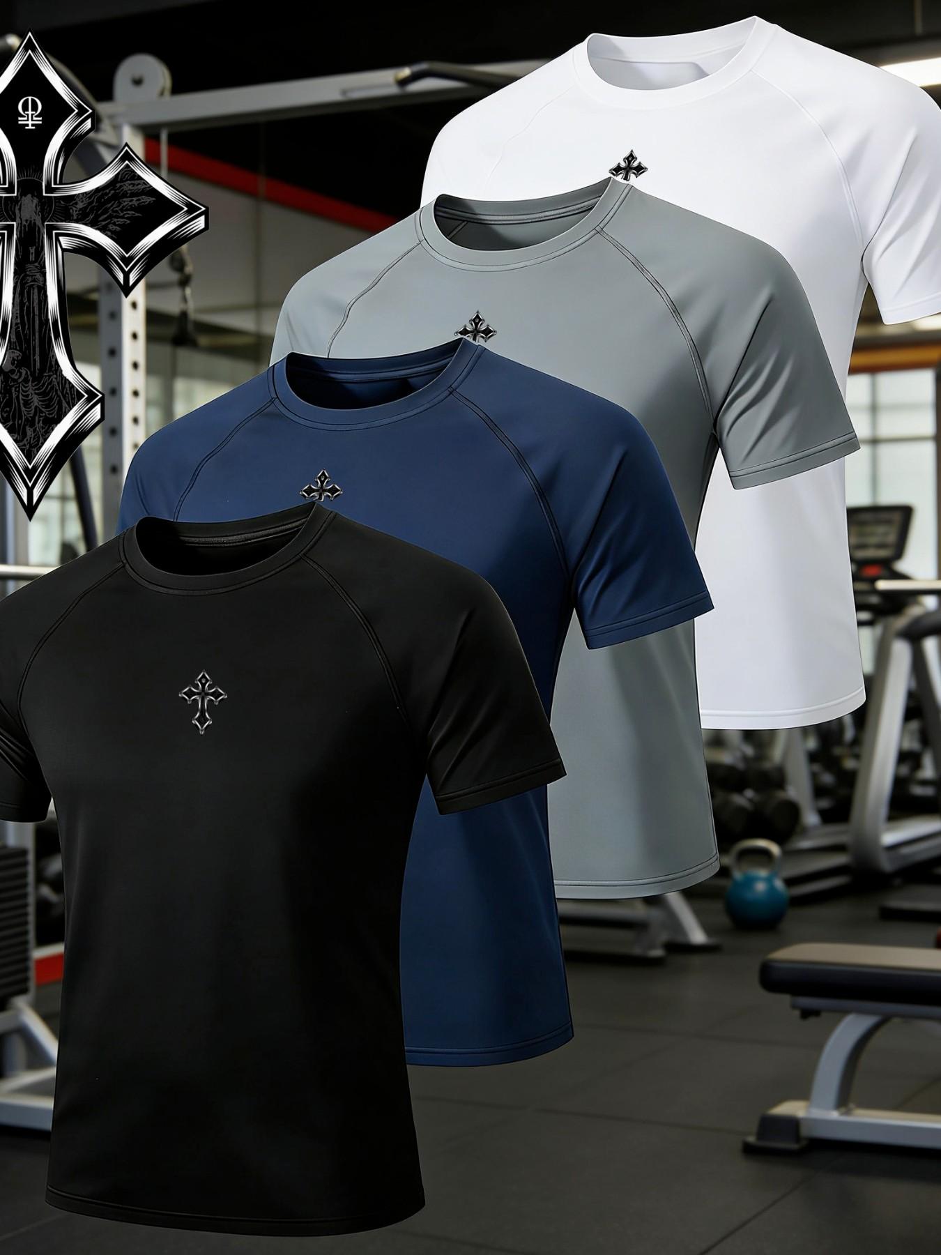 Four-Piece Men's Quick-Dry Short Sleeve Gym Training Wear, Cycling, Comfortable and Breathable, Ideal for Workouts and Outdoor Activities