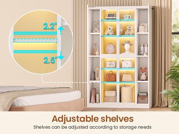 SEDETA Display Cabinet with Glass Doors, 6 Tier Tall Bookcase with LED Lights, Curio Cabinet with Adjustable Shelves, 64" Display Cases for Collectibles, Bedroom, Living Room, Office