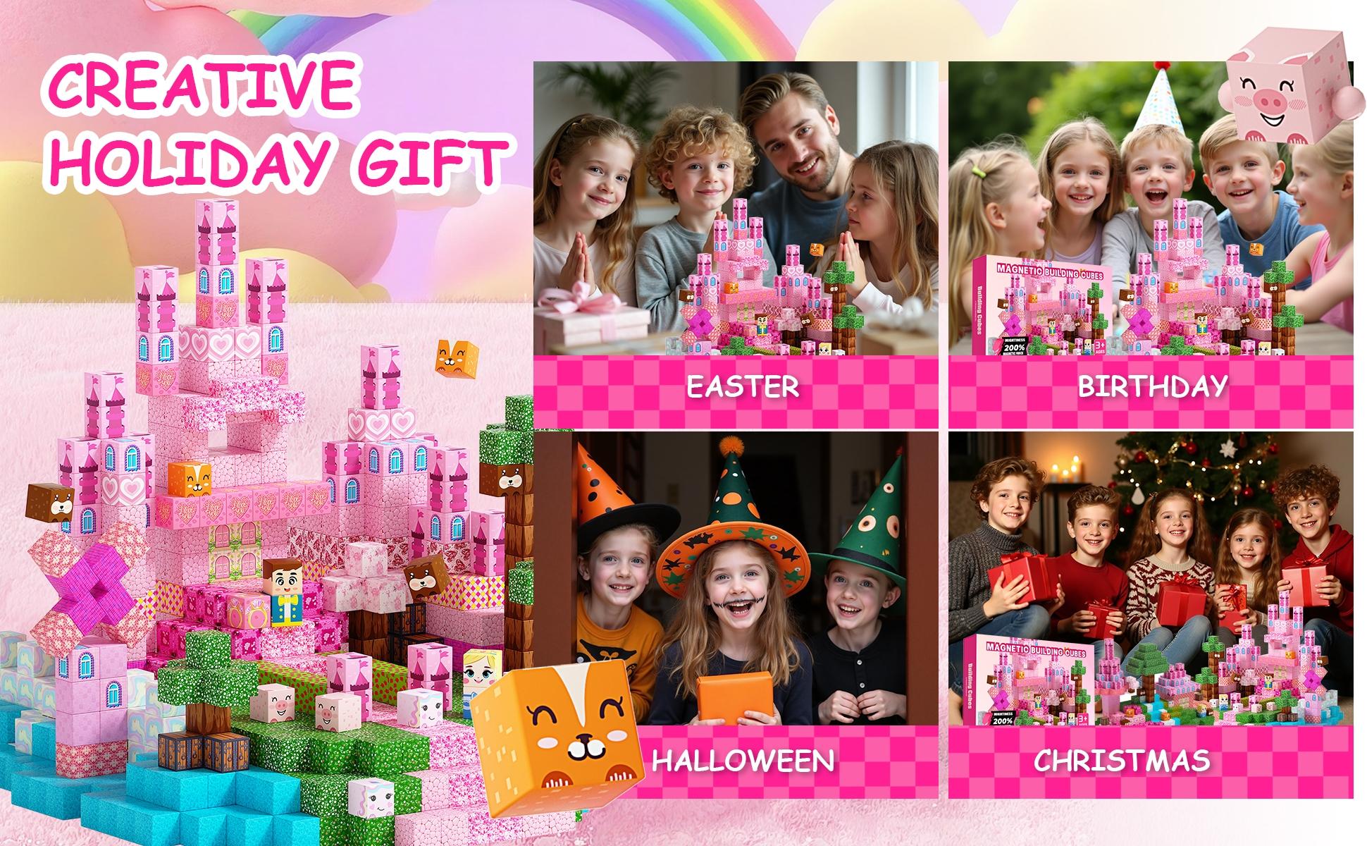 Pink Princess Castle Magnetic Tiles 200/150/100pcs, Montessori STEM Toys for Girls Ages 3-8, Building Blocks for Creative & Sensory Play, Educational Birthday Gifts for Kids