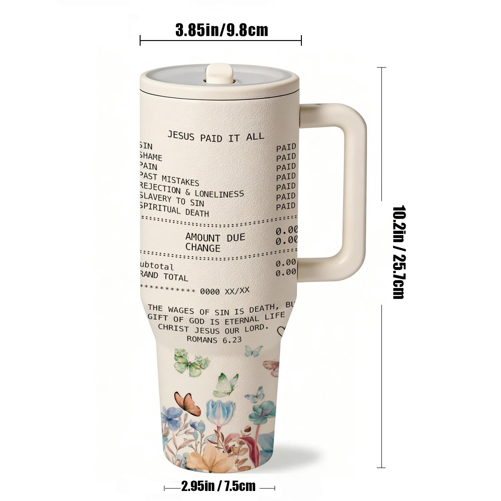 1 Pc 40oz insulated mug Tumbler, Christian Bible verse floral cross butterfly design, double wall vacuum insulated, leak proof lid with handle, keeps hot 12 hours and cold 24 hours, for hot cold drinks, office travel gym, faith gift for women men, holiday