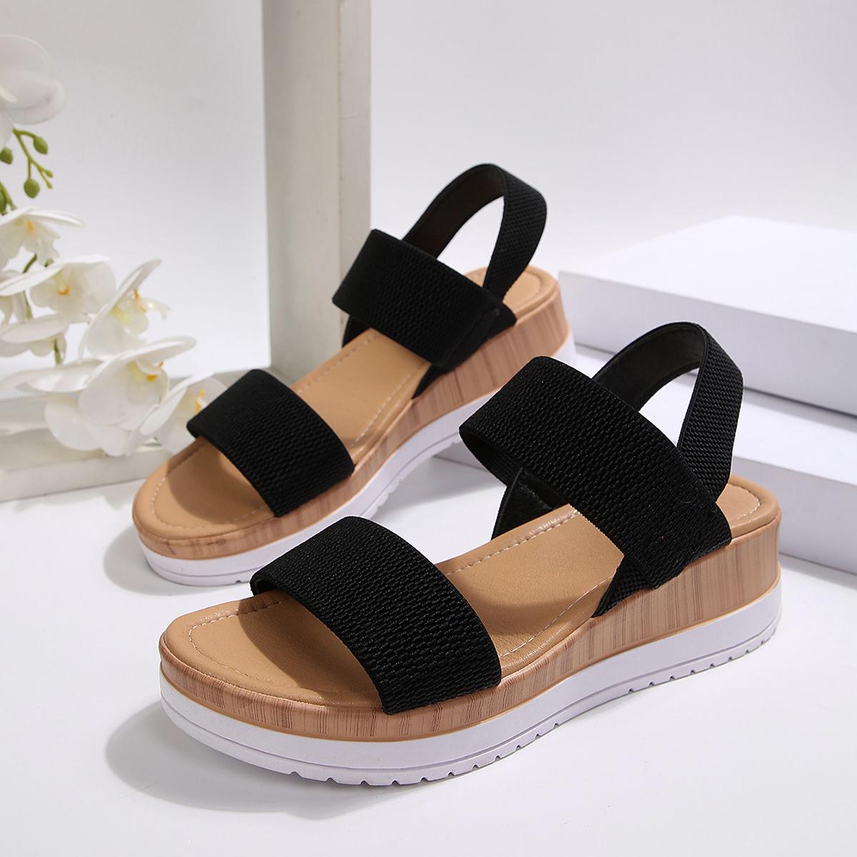 Minimalist Stretchy Strap Slingback Wedge Sandals, Layer Platform Everyday Summer Footwear for Women, Strappy Wedge Sandals