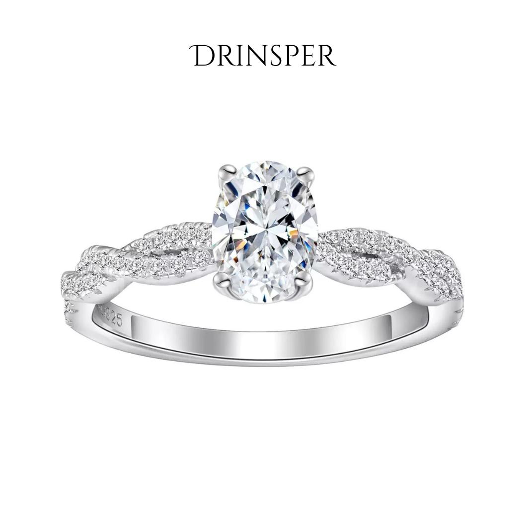 DRINSPER Twisted Oval S925 1.0ct Dvvs Synthetic Moissanite Sterling Silver Ring for Women Girls Suitable for Engagement Chrismas Gift for Girlfriend Jewelry Accessory