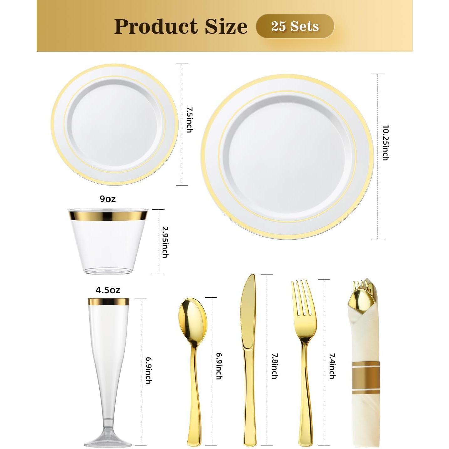 200 count Disposable  Party Plastic Plate Sets for 25 Guests | Include 25 Dinner Plates, 25 Dessert Plates, 25 Napkins with Silverware, 25 Cups, 25 Champagne Glasses, for Party, Wedding