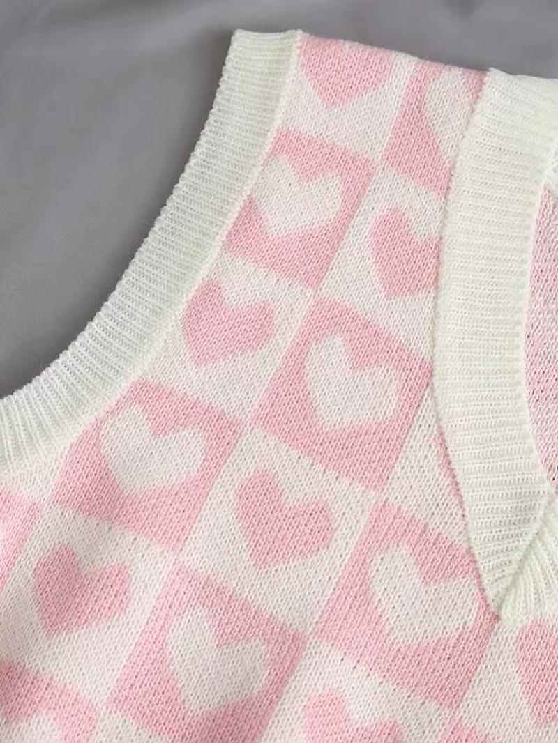 Women's Heart Print V Neck Sweater Vest, Casual Comfy Sleeveless Knit Top for Daily Outdoor Wear, Women Knitwear for Spring & Fall