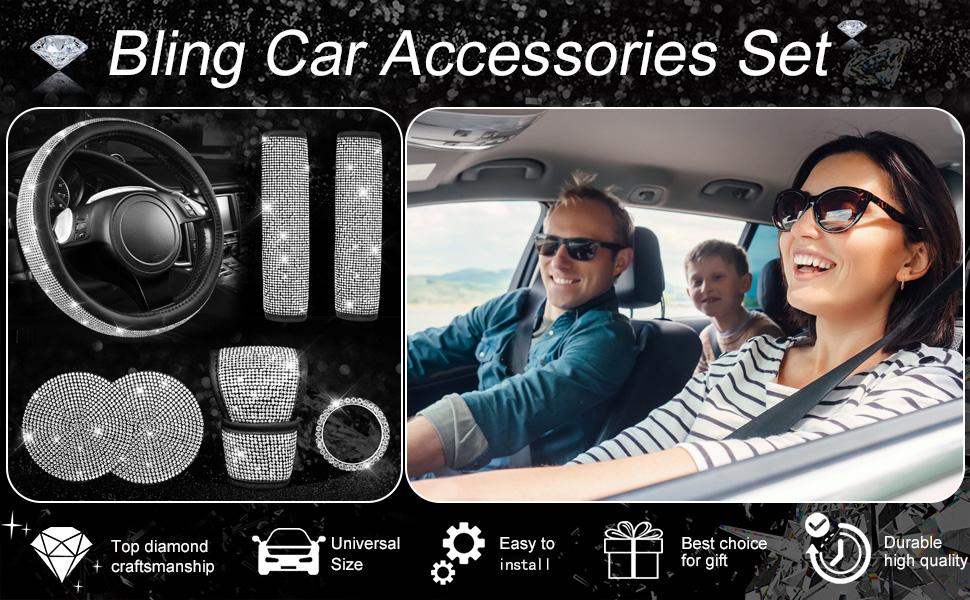 CAR PASS 7pcs Bling Car Accessories for Women,Sparkly Rhinestone Diamond Steering Wheel Cover,Belt Cushion,Glitter Shift Knob Cover,Cup Holder Coaster