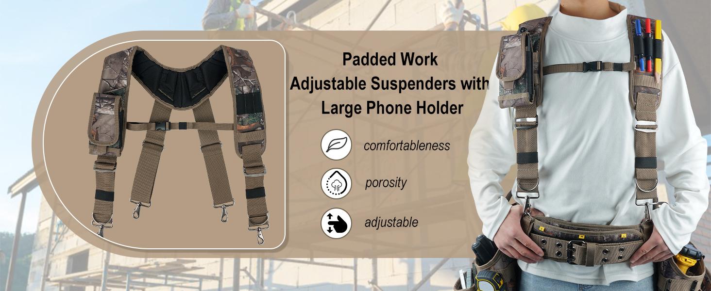 MELOTOUGH Camo Tool Belt with Suspenders Camouflage Tool Bag Supenders Framers Comb Apron Tool Belt Construction Tool Pouch Suspenders Heavy Duty Carpenter Suspension Rig for Electrician