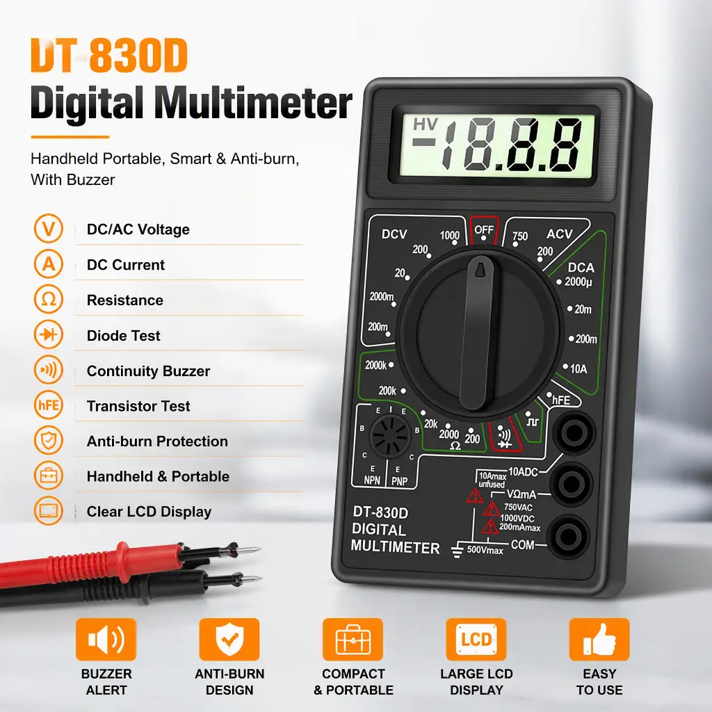 Compact Digital Multimeter DT830D, Buzzer Continuity Detection Handheld Multi‑Tester, Anti‑Burn Multi‑Meter for Voltage Current Resistance Diode Test