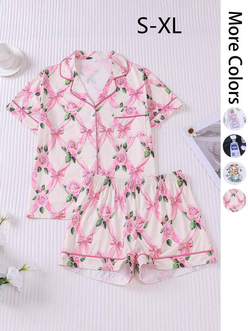 Women's All Over Print Lapel Shirt & Shorts Pajama Two-piece Set, Casual Comfy Short Sleeve Top & Elastic Waist Shorts Set, Ladies Summer Sleepwear, Pjs