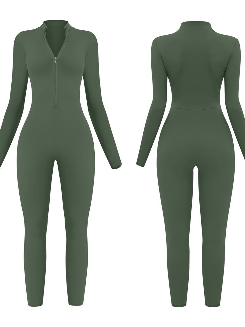 Women's Solid Zip Up Long Sleeve Sports Jumpsuit, Casual Sporty Comfy Jumpsuit for Yoga Gym Workout, Ladies Sportswear for All Seasons, All Season Activewear