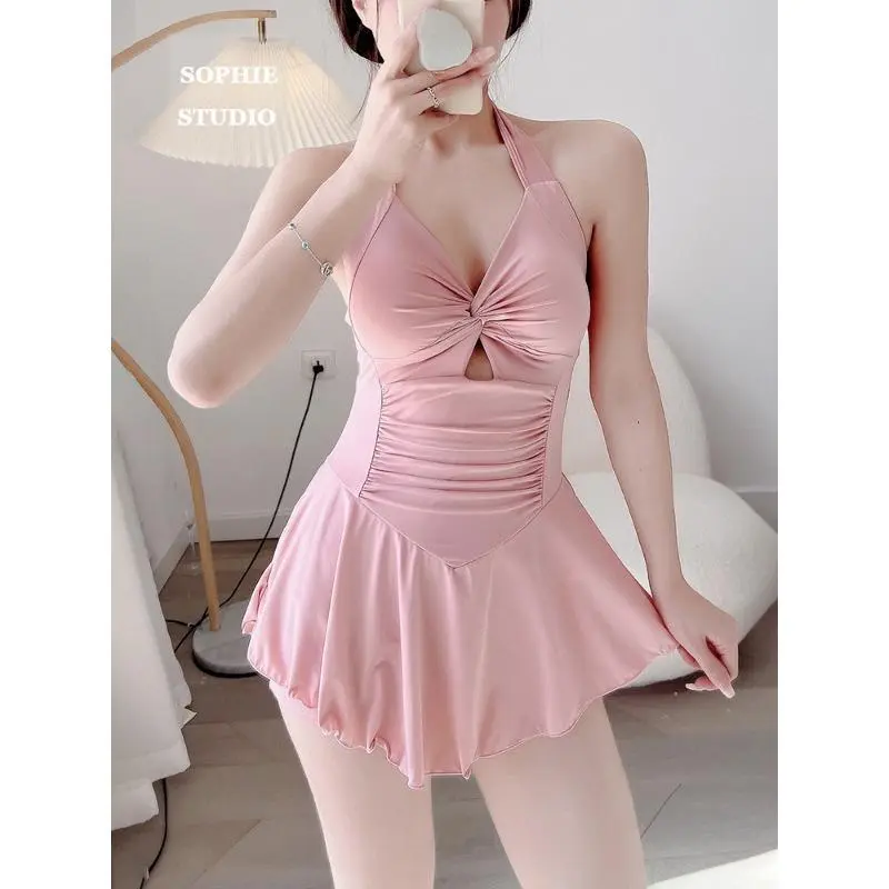 Women Korean Sexy One Piece Swimsuit Tummy Control Slimming High Waisted Bathing Suit Hot Spring Beachwear Elegant Swimsuit