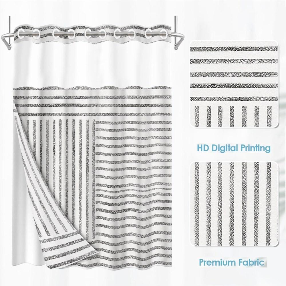 1pc hookless removable shower curtain with buckle lining, black and white striped geometric patchwork design, 2D flat printing, fabric waterproof lining, see-through double-layer shower curtain, 71 x 74 inches, modern home draping curtain