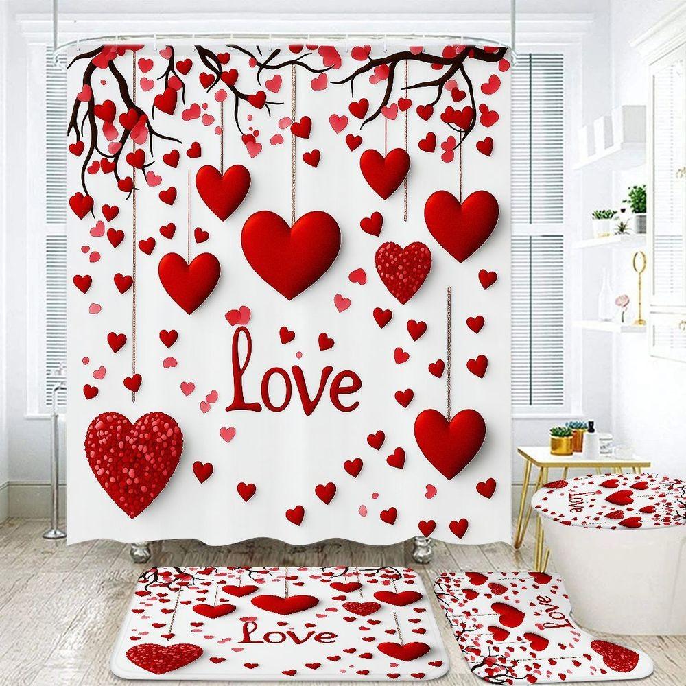 4pcs Romantic Valentine's Day Bathroom Decor Set - Elegant White Shower Curtain with Red and Pink Heart Motif, Adorable Matching Bathroom Mat, Toilet Base Rug, and Lid Cover, Perfect for Creating a Love-Inspired Oasis in Your Home Shower Curtain Sets