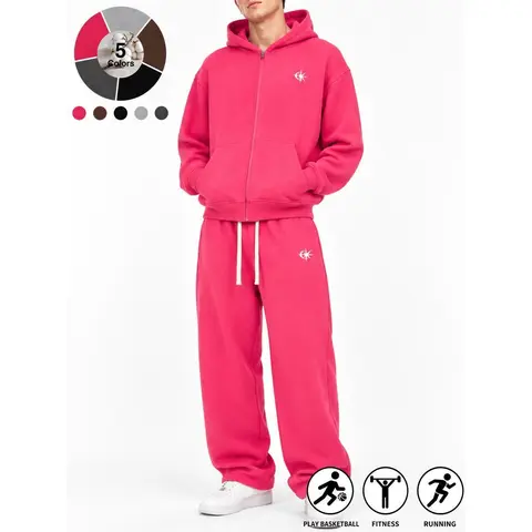 Men's 2-Piece Vintage Washed Zip-Up Hooded Sweatsuit Set, Male Clothing, Long Sleeve Hoodie, Minimal Logo Print, Wide Leg Drawstring Sweatpants, Street Style Outfit for Basketball, Daily Wear, Sweatsuit Set Outfit